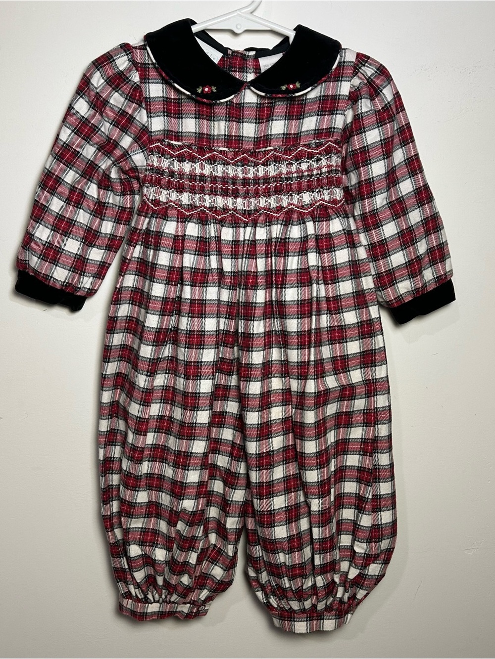 Vintage Girls 12m Plaid Smocked Velvet Collared Romper Holiday